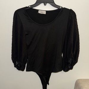 Smoke&Mirrors Black Thong Bodysuit with Polka Dot Mesh Quarter Sleeves